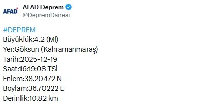 Kahramanmaraş Göksun’da 4.2 Büyüklüğünde Deprem Meydana Geldi