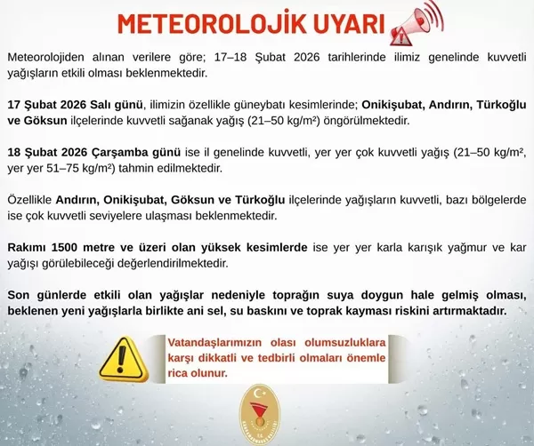 Kahramanmaraş İçin Turuncu Alarm: Andırın ve Çevre İlçelerde Şiddetli Yağış Bekleniyor!