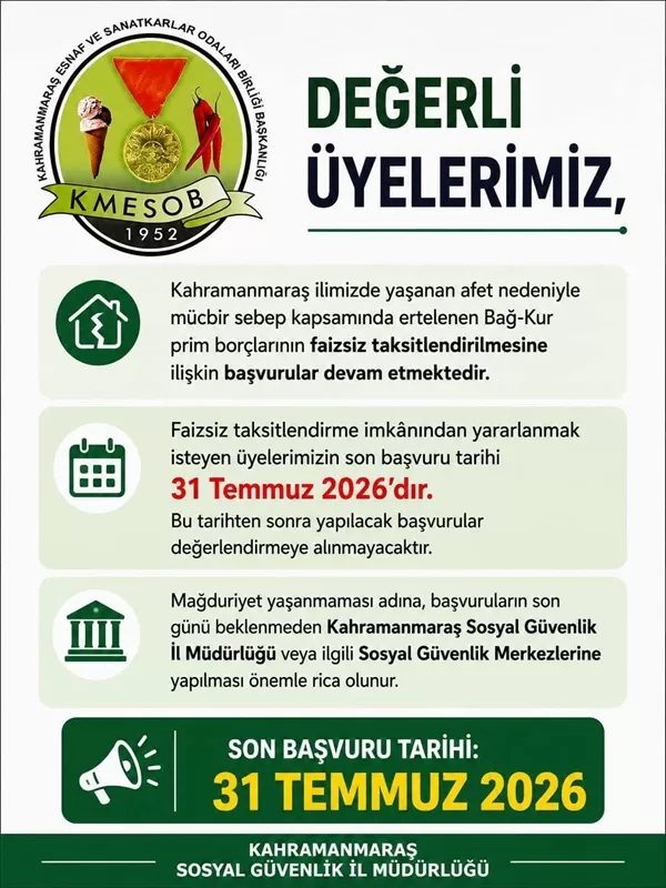 Kahramanmaraş’ta Bağ-Kur Prim Borçları İçin Son Başvuru Tarihi Yaklaşıyor