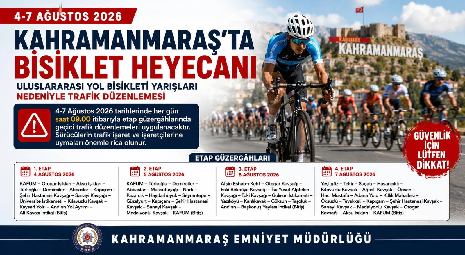 Kahramanmaraş’ta Uluslararası Bisiklet Yarışları Nedeniyle Bazı Güzergahlar Trafiğe Kapatılacak